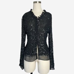 Vintage Night Way Collections Black chiffon sheer sequin ruffle collar blouse XS